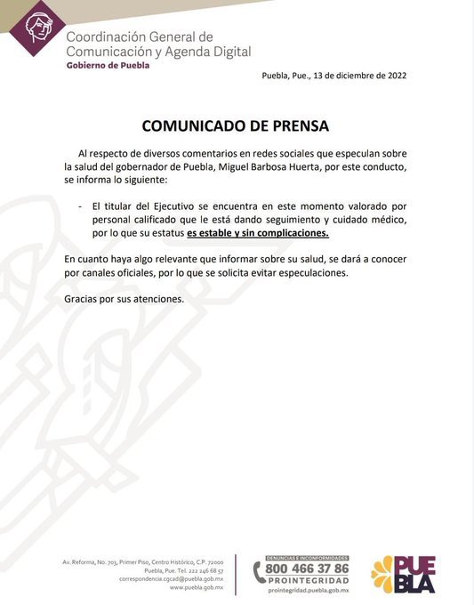 comunicado Gobierno de Puebla
