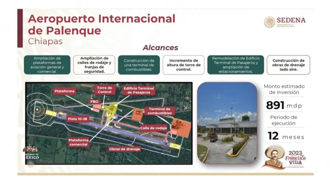 El Aeropuerto Internacional de Palenque, tendrá una inversión de 891 millones de pesos, y un tiempo estimado de 12 meses para finalizar su construcción. Fot: Captura